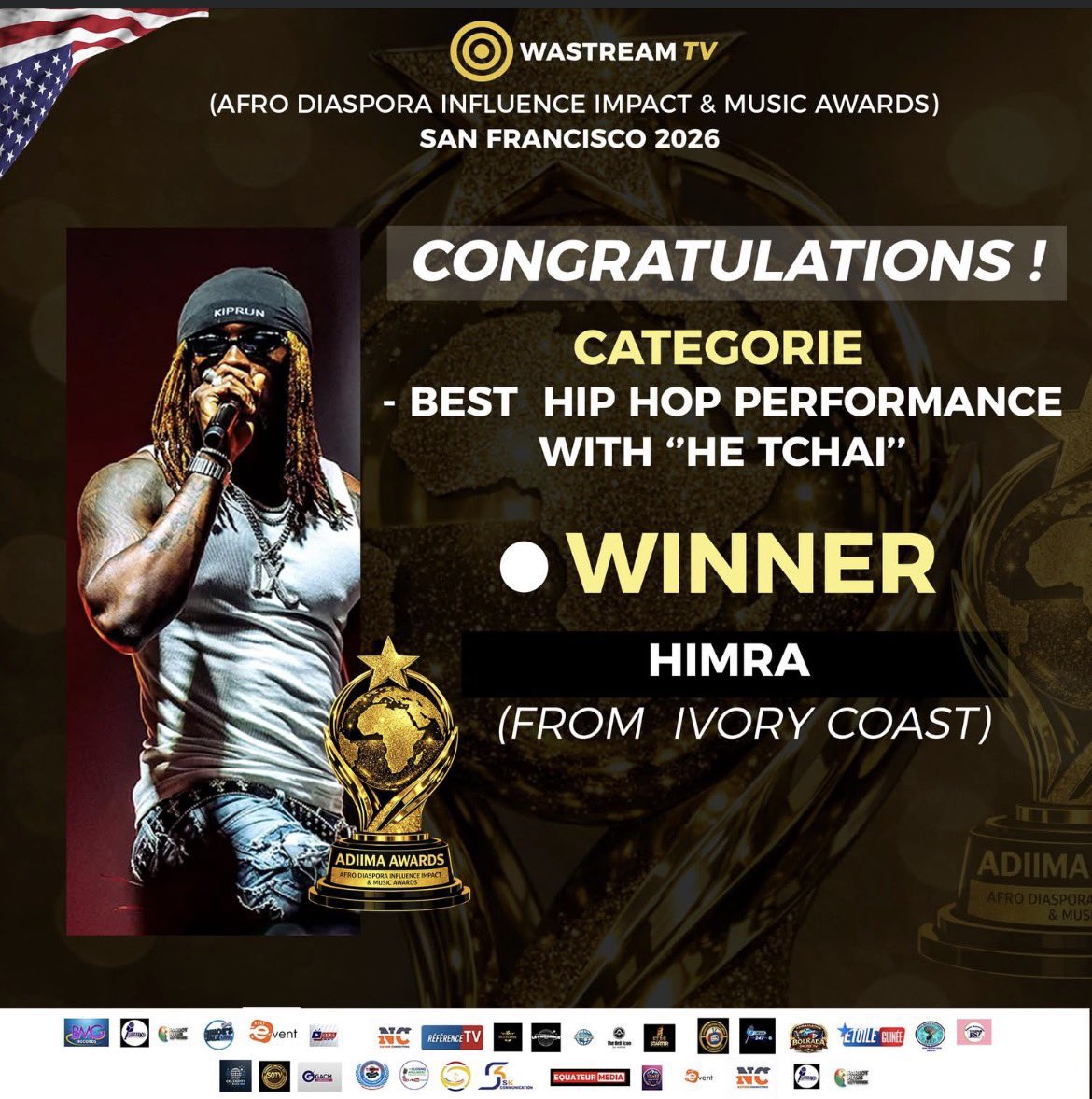 wizi_1X's tweet photo. 🚨 HIMRA remporte deux trophées  au ADIMA( Afro Diaspora Influence Impact Music Awards) Sabin Francisco 2026  dans les catégories suivantes :

🏆 Meilleur artiste hip-hop africain

🏆 Meilleure performance hip hop avec sa chanson ( HÉ TCHAI) en feat avec suspect 95 et jojo le barbu