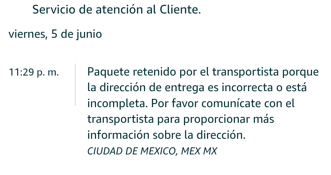 aionchrono2's tweet photo. @amazonmex Mi pedido debía entregarse ayer (5 de junio) y aparece como “no entregado” por "problemas de dirección." Es la misma que uso siempre y hay guardia que recibe paquetería. Primera vez que entrega Quality Post y falla. No hay atención humana, solo chatbot. Qué pasó   ahí? https://t.co/pHk3vhoOtr