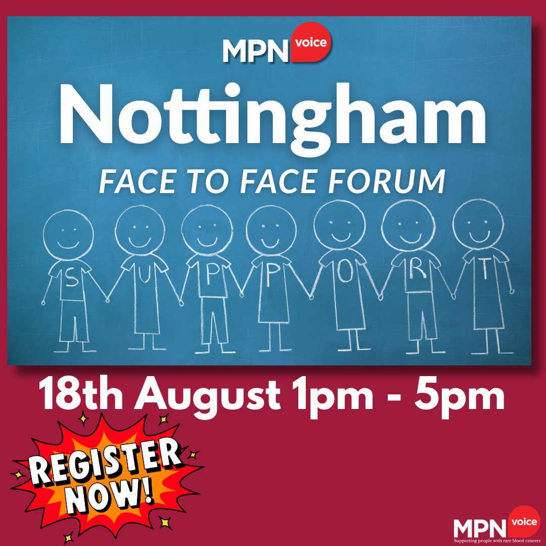 MPNVoice's tweet photo. MPN Voice Patients’ Forum – Nottingham 2026!

We are delighted to invite you to our upcoming in-person MPN Voice Patients’ Forum in Nottingham!

A dedicated space for patients, families, and clinicians to connect, share experiences, and learn about the latest developments in MPN care. Whether you are a patient, a family member, or a friend, we would love to see you there.

Event Details
•📅 Date: Tuesday, 18th August 2026
•⏰ Time: 1:00 PM – 5:00 PM
•📍 Location: Nottingham (Venue details to be confirmed)
•🎟 Cost: Free to attend (includes complimentary buffet lunch and refreshments)
•🚗 Parking: Free parking available at the venue

Why Attend?
This forum is open to everyone, regardless of where you live or which hospital you attend. It is a fantastic opportunity to:
•Hear from Experts: Learn from the specialist haematology team at Nottingham City Hospital, including Dr. Fran Wadelin and MPN CNS Angela Thompson.
•Connect with Others: Meet fellow members of the MPN community, share your journey, and support one another.
•Get Your Questions Answered: Participate in our panel Q&A session.
•Join Dedicated Breakout Groups: We will have specific sessions for ET, MF, and PV patients to swap tips, as well as a dedicated group for partners, family, and friends.

Registration Now Open!

We are currently finalizing the full programme, but you can secure your spot today. Don't miss out on this chance to gain insights and build connections in a supportive, welcoming environment.

👉Register here or via our bio [https://t.co/vCct6Wvl8U

Further details on our guest speakers and the full agenda will be shared very soon!
#myeloproliferativeneoplasm #polycythemiavera #essentialthrombocythemia #myelofibrosis #mpnvoice #bloodcancerawareness #rarecancer #chronicillness #chronicallyawesome #NottinghamEvents