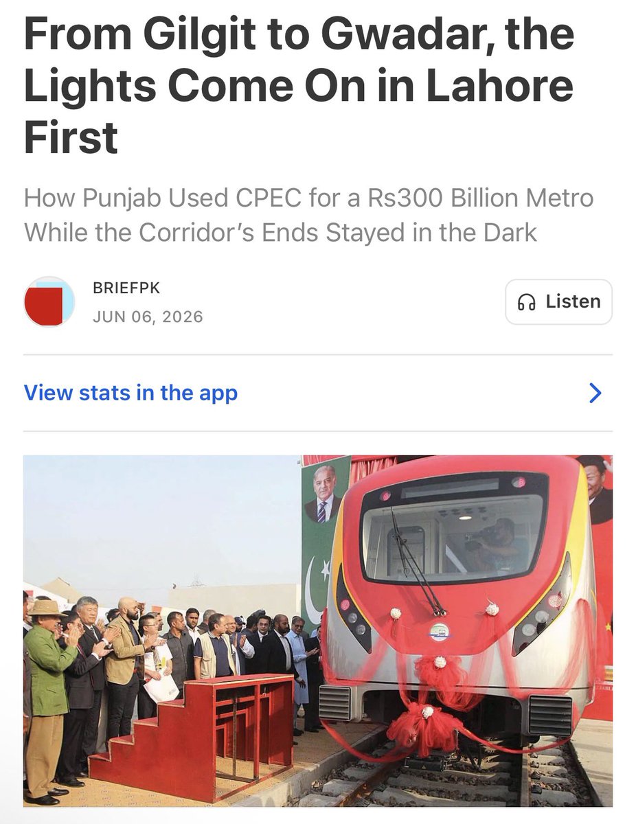 brief_pk's tweet photo. The Orange Line in Lahore cost over Rs300 billion and was built under CPEC. The same corridor starts in Gilgit and ends in Gwadar. Both cities still do not have consistent electricity or clean water. This is a story about corruption in how Pakistan spends its borrowed money.
https://t.co/iuFCibo2QA