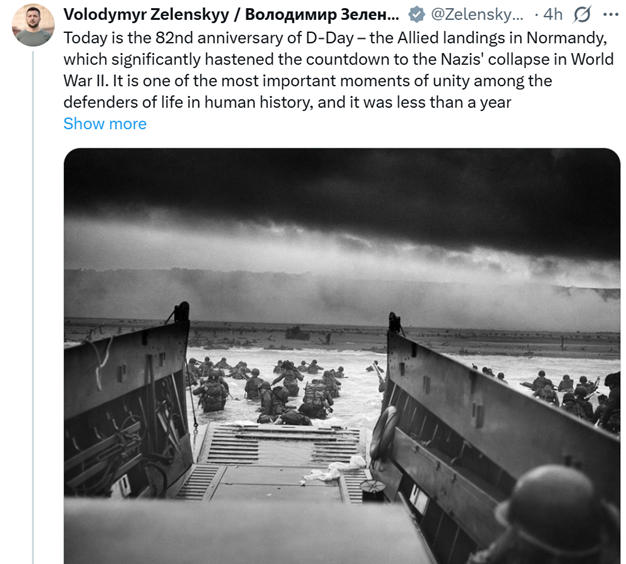 HavryshkoMarta's tweet photo. Which Zelensky are you today? 

1/ The one honoring the Allied nations of the anti-Nazi coalition on D-Day
or 
2/ The one paying tribute to Andriy Melnyk, a Nazi collaborator who supported the creation of the Waffen-SS Galicia Division?

It's getting hard to keep track of Zelensky's bipolar memory politics😵‍💫