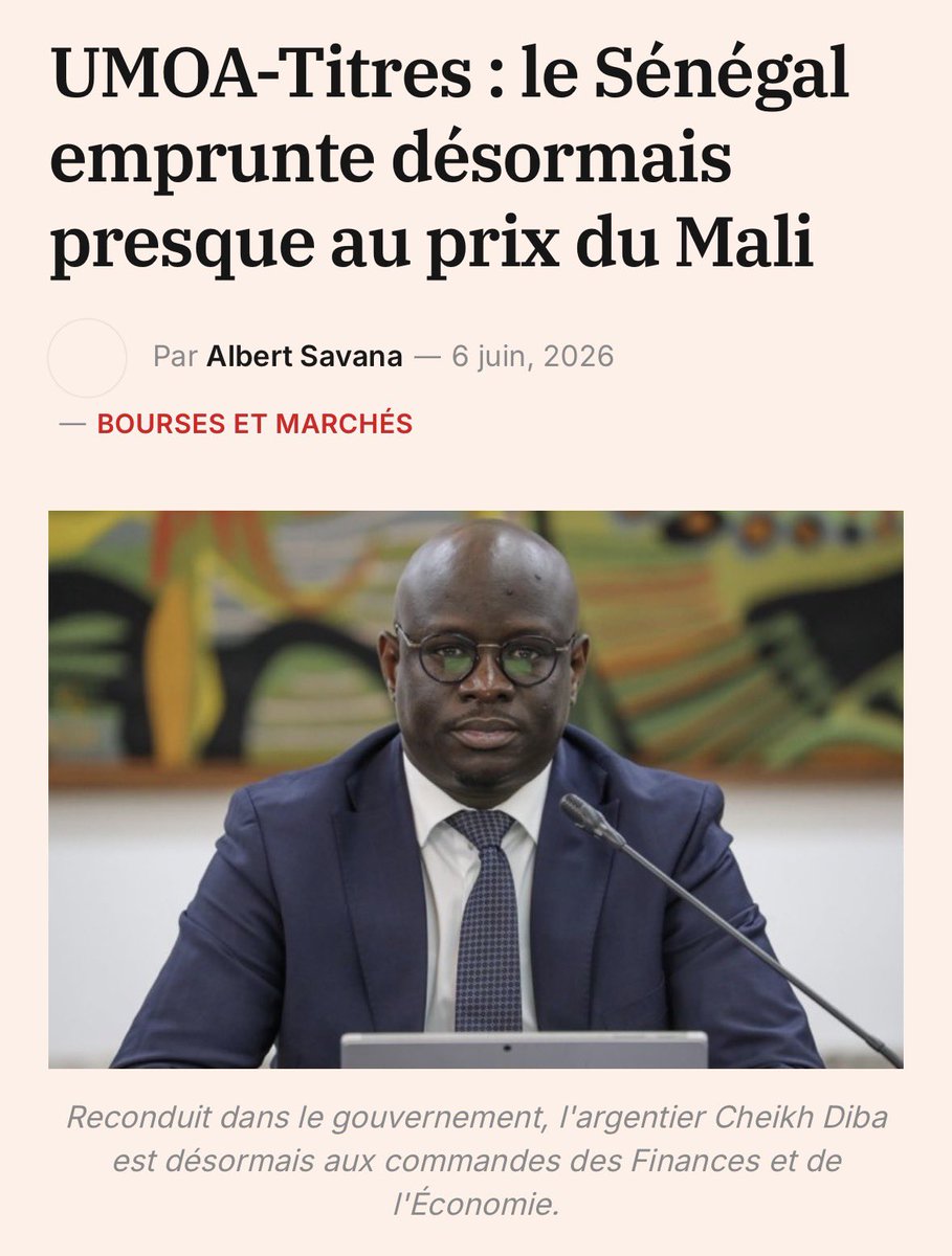 Financialafrik's tweet photo. Sur le marché monétaire #UMOA-Titres, le papier #Sénégal 🇸🇳 fait l’objet de spéculations. Les rendements servis atteignent 7,40 % sur les bons à un an et culminent à près de 8 % sur les obligations de trois, cinq et sept ans. Des niveaux qui auraient semblé impensables il y a encore quelques années pour un pays longtemps considéré comme l’une des signatures les plus solides de l’Union économique et monétaire ouest-africaine.
#economique #umoa