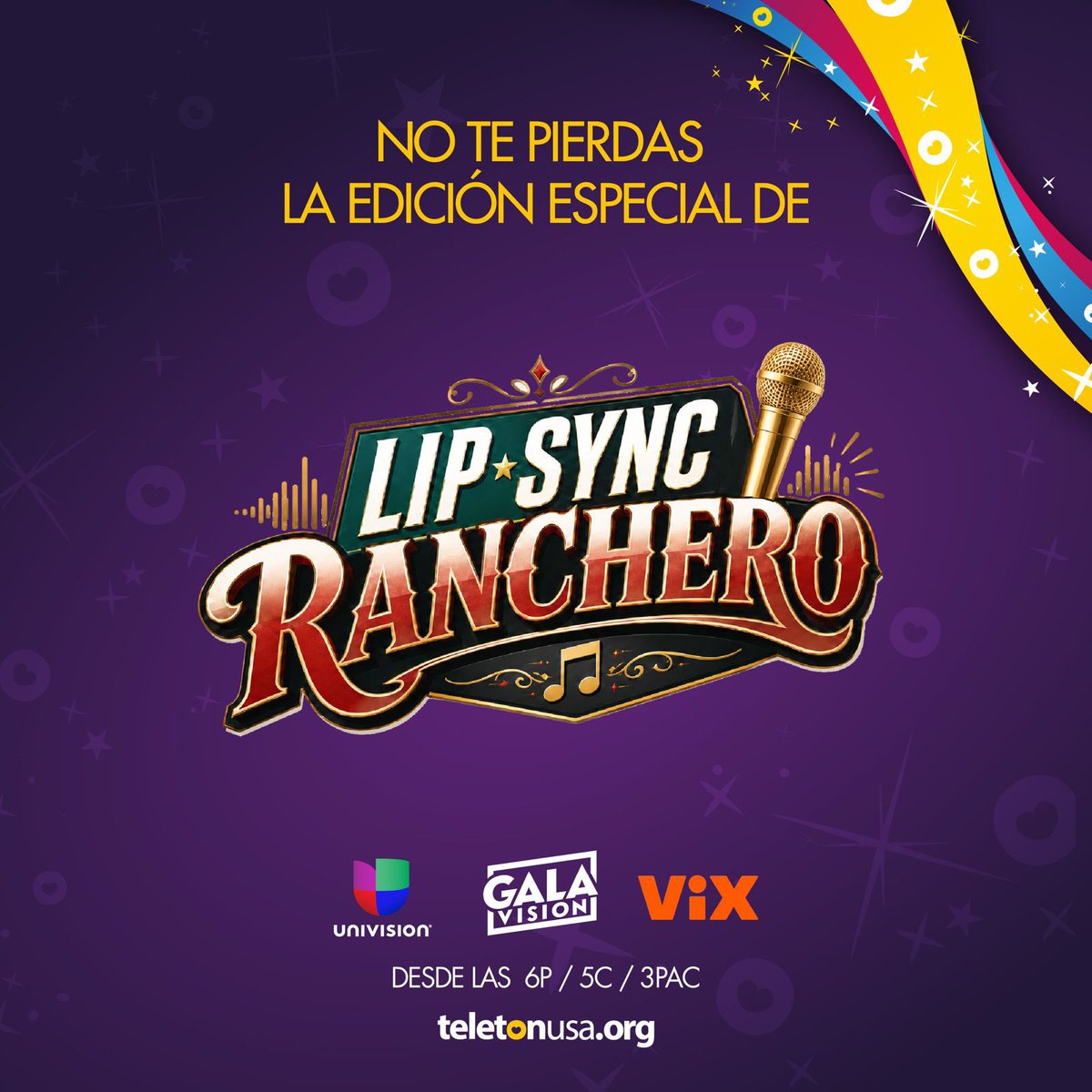 TeletonUSA's tweet photo. ¡Hoy nos espera un súper sábado lleno de entretenimiento! 🎭🌹🎤
No te pierdas ¿Quién es la Máscara?, La Rosa de Guadalupe y Lip Sync Ranchero.
📺 A partir de las 6 PM ET / 5 PM CT / 3 PM PT
¡Te esperamos para disfrutar de una noche espectacular en beneficio de nuestros niños! ✨🎉