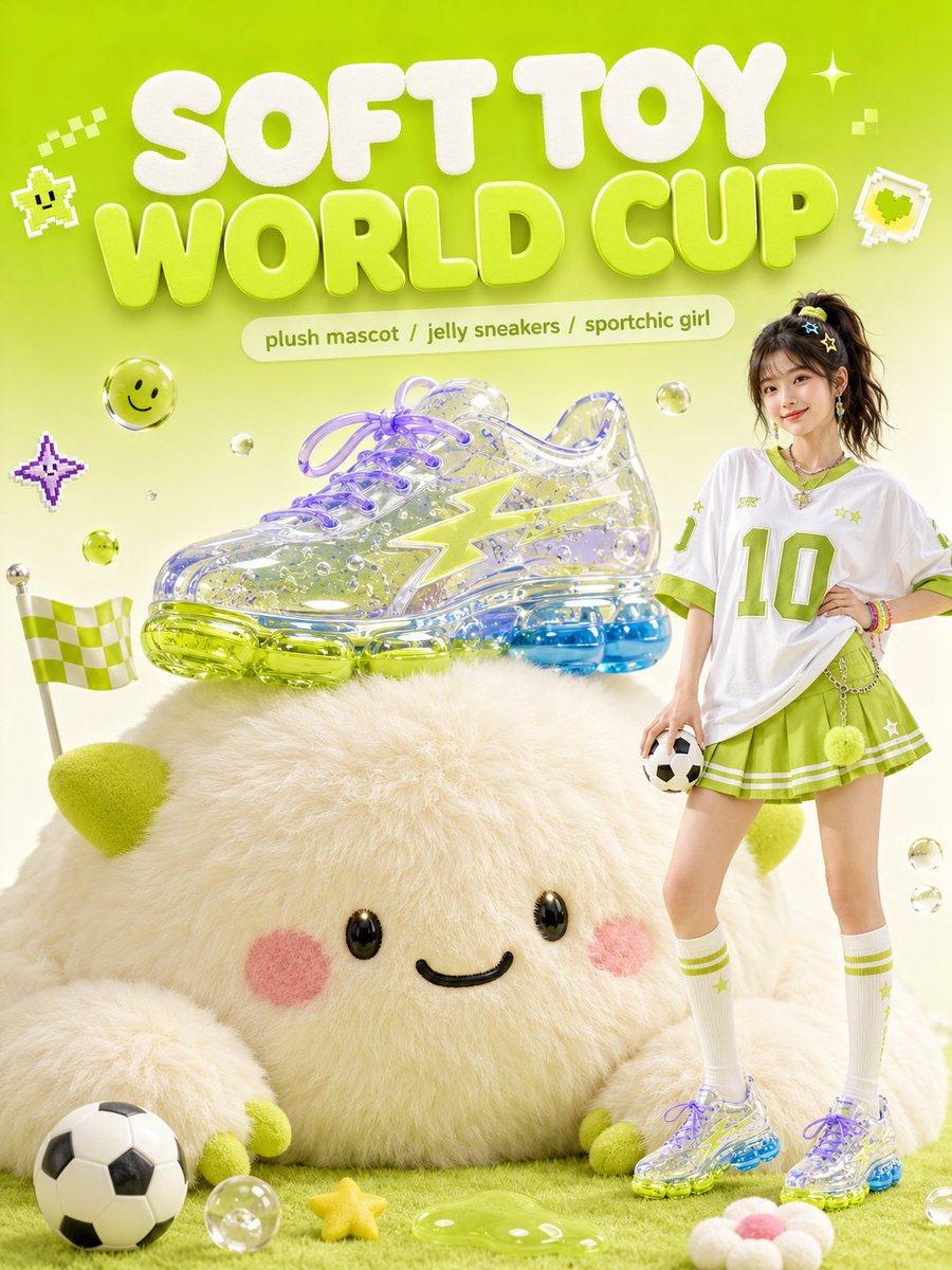 NovelBoxAI's tweet photo. Just tested a new visual direction for the World Cup theme.

Soft plush mascot + jelly sneakers + liquid C4D objects + sweet sportchic girl.
It feels like a “World Cup energy drink” made of cuteness, color and dopamine.
I think this style could work really well for AI poster design, fashion visuals and social media covers.

Prompt set below 👇

#AIart #C4D #WorldCup #AIPrompt #PosterDesign #Sportchic #DigitalArt