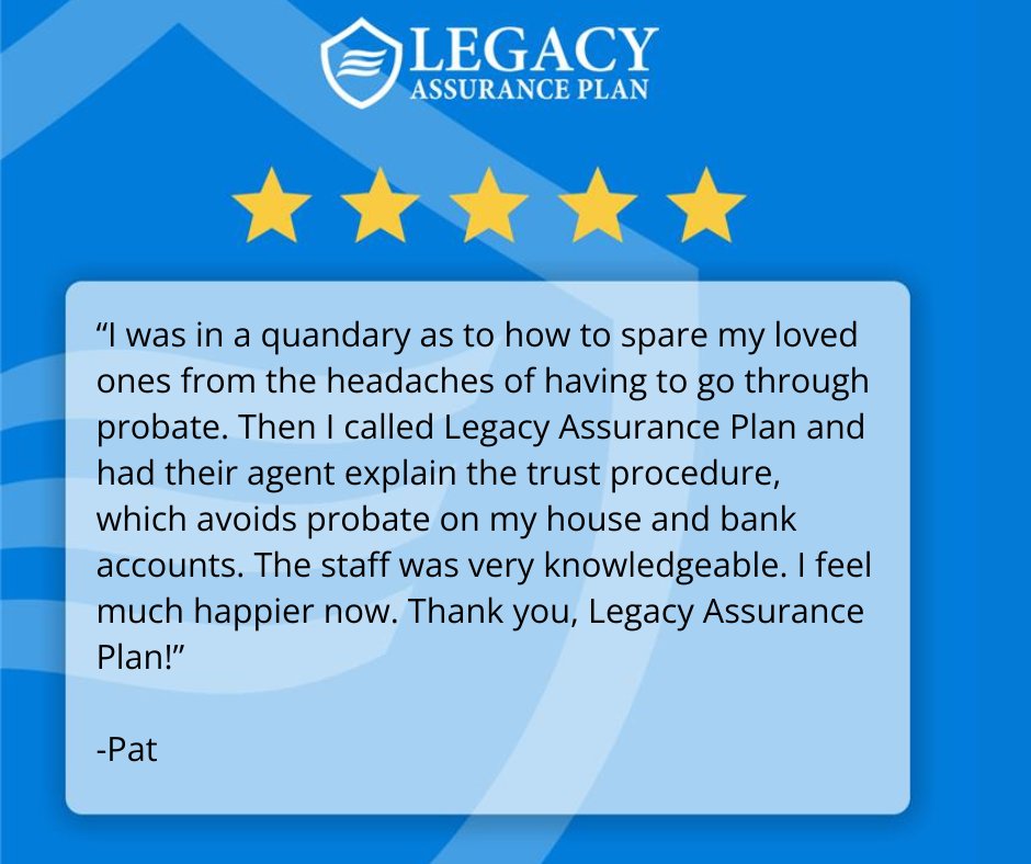 AssurancePlan's tweet photo. Thanks for the kind words, Pat!  We're thrilled to help you protect your loved ones from probate. 

Your peace of mind is more affordable than you think! Check out our plans: 
https://t.co/Dhq5D1SCXt 
#GoogleReview #LegacyAssurancePlan https://t.co/NehEuIP2GQ