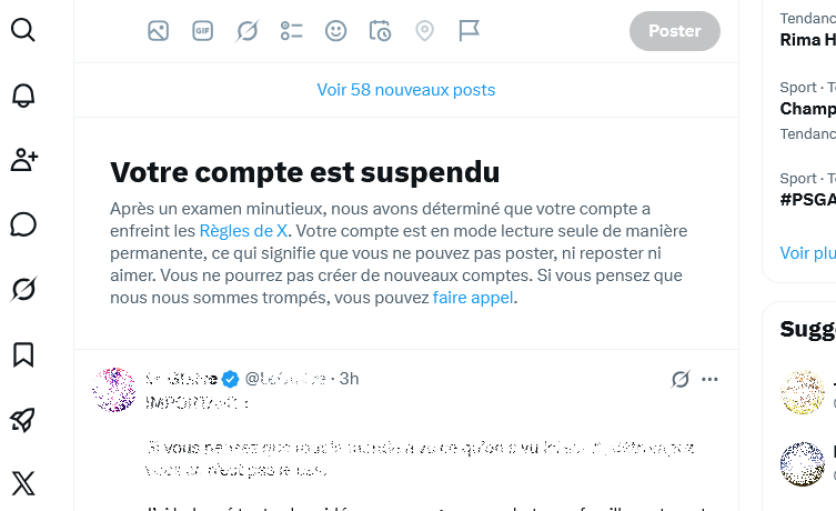 hyperfixe's tweet photo. Mon compte Twitter / X était suspendu depuis dimanche 31 mai 2026. 
Raison invoquée : "mon compte avait "enfreint les Règles de X." ☹️😲🤨
Surprise.
Plus aucune fonctionnalité : plus de TL, pas de RT possible, ni de j'aime, impossible de publier, de répondre. 
Plus d'abonnés, ⤵️ https://t.co/hCbJs4NhR8