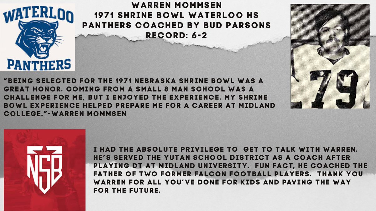 dcw_fb's tweet photo. I decided to dive into the @NEShrineBowl history of our district.  I met a Waterloo Panther who played in it in 1971.  DC West was merged in 2006 between Waterloo HS and Valley HS.  Warren Mommsen, thank you! @DCWestFalcons https://t.co/iDbk62cRSs