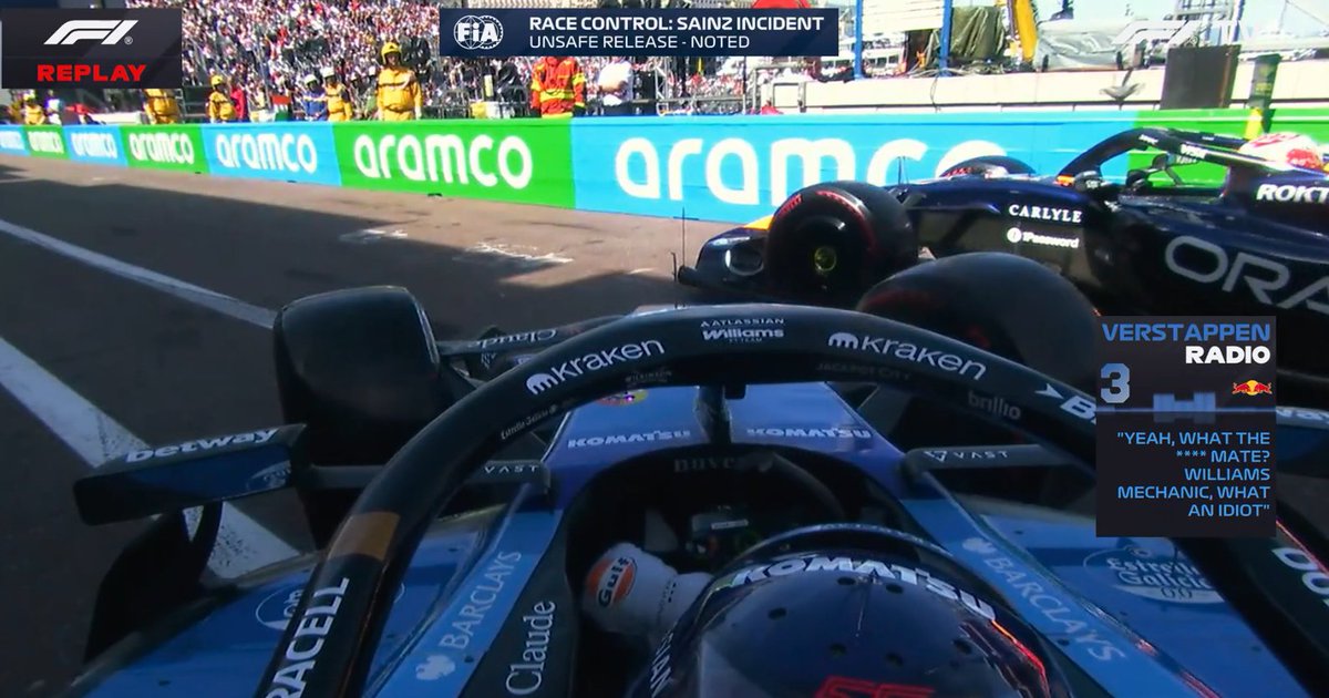 verstappenews's tweet photo. 📻 Max: "Yeah, what the f*ck mate? Williams mechanic, what an idiot."

sainz has been noted for an unsafe release https://t.co/GneypGWF7K