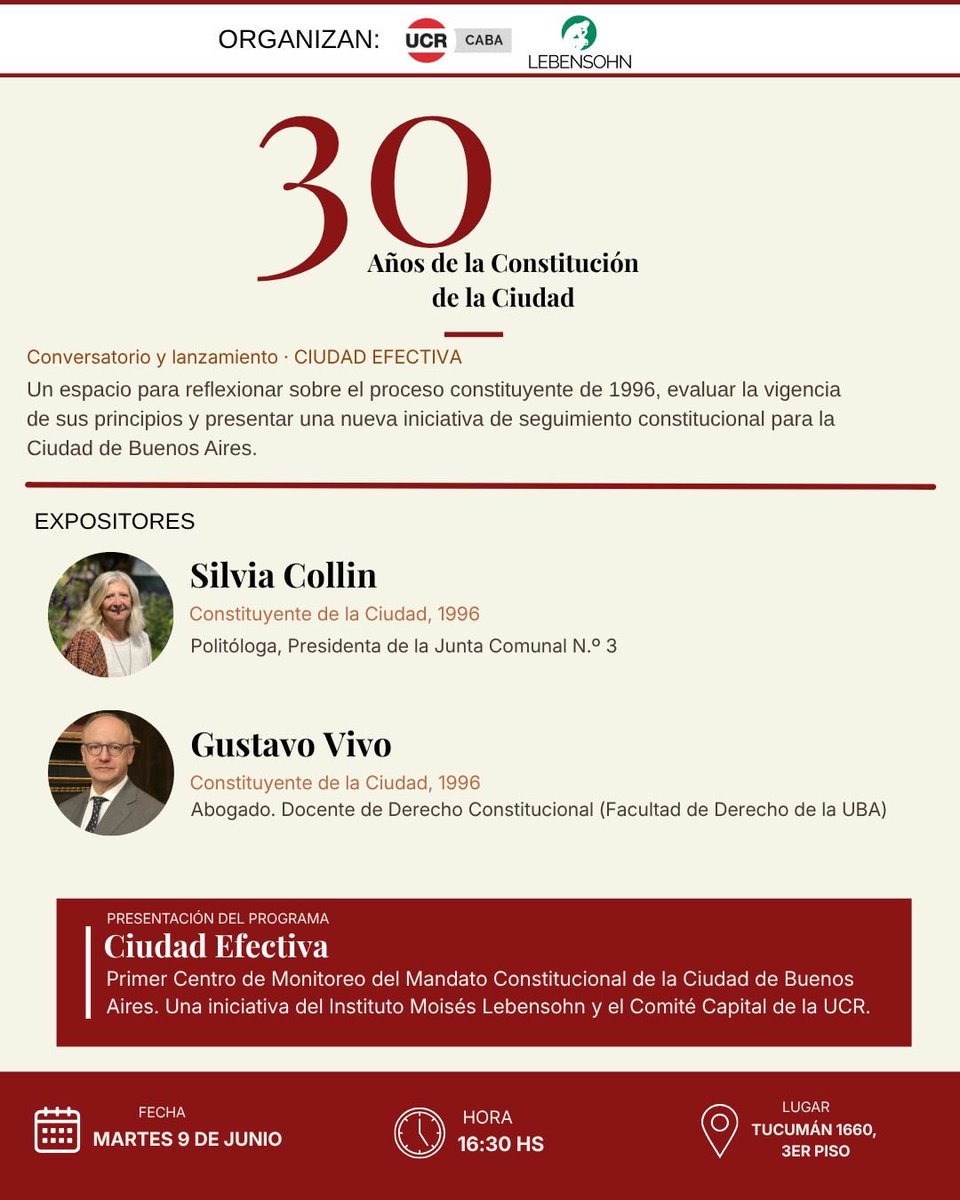 UCRCapital's tweet photo. La Constitución de la Ciudad cumple 30 años. Es momento de evaluar cuánto hemos avanzado y cuánto queda por hacer.

Presentación de #CiudadEfectiva.

📅 Martes 9 de junio
🕟 16:30 hs
📍 Tucumán 1660, 3° piso

Defender las instituciones es garantizar su cumplimiento. https://t.co/EiTi7cPY6S