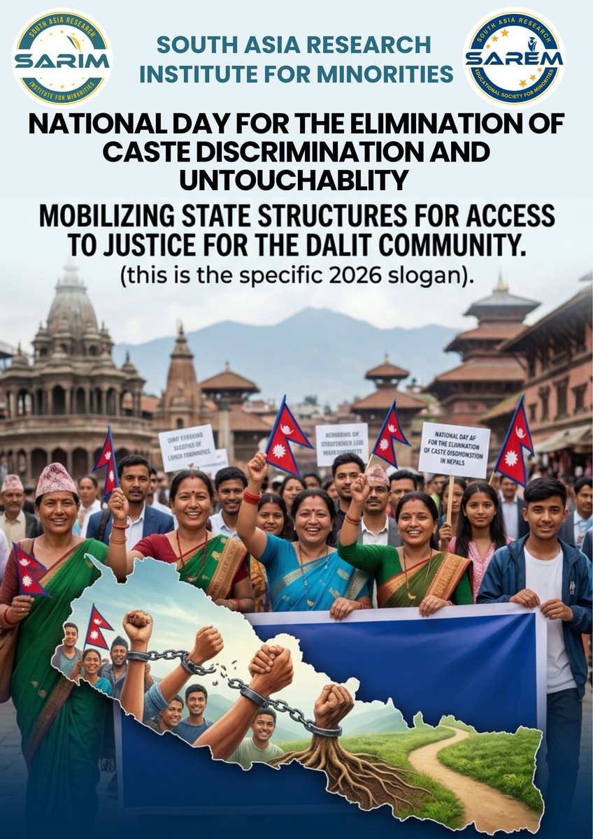 OrgSarifm's tweet photo. True justice requires more than symbolic declarations—it demands structural enforcement.
On Nepal’s National Day for the Elimination of Caste Discrimination, SARIM stands in regional solidarity to demand access to justice for all marginalized communities.
✊🏽 Break the chains. Build the roots.
#DignityOverDivision #EndCasteDiscrimination #DalitRights #SouthAsiaUnite #Nepal