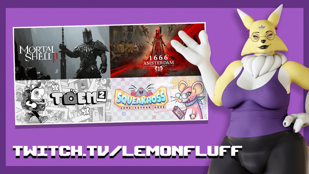 LemonFluffTV's tweet photo. I'll be checking out the beta for Mortal Shell 2, the prolouge of 1666 Amsterdam and the freshly released demo of Toem 2!

Also Squeakross has Twitch integration now!

https://t.co/giV3BFHiA9 https://t.co/66DIUX9BDS