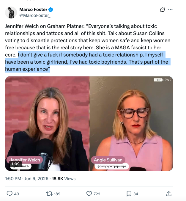 magi_jay's tweet photo. This isn't about Platner. People can find ways to defend him that do not require this intense level of minimization of domestic violence. Twisting a woman's arm. Bruising a woman. Locking a woman in a room. That's domestic violence. It's not toxicity. It's violence. https://t.co/5FQTzftjxK