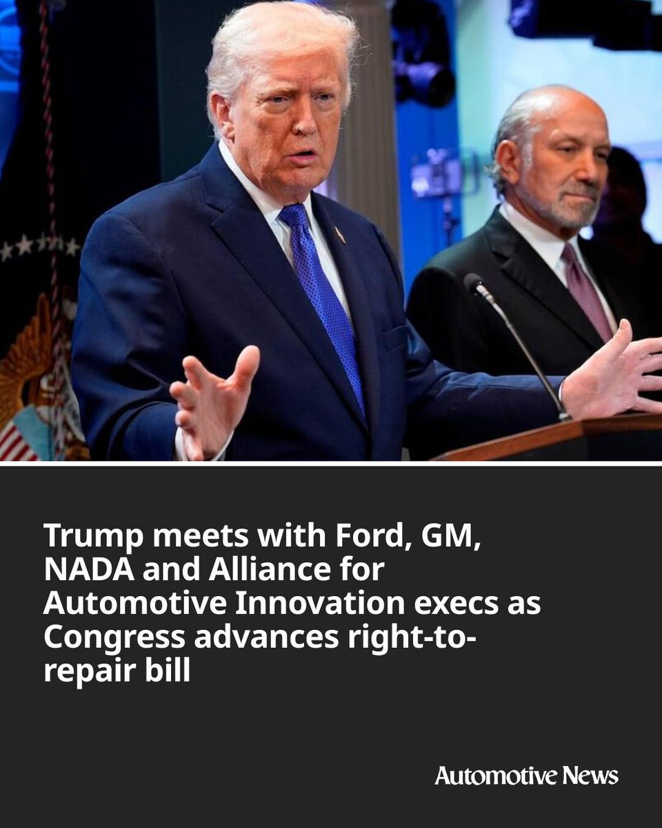 Automotive_News's tweet photo. President Donald Trump said Thursday he met with senior auto industry leaders to discuss the ongoing debate over right-to-repair legislation.

#Trump #Ford #GM #GeneralMotors #NADA #AllianceforAutomotiveInnovation #automotive #autoindustry https://t.co/wg6a8jfNas