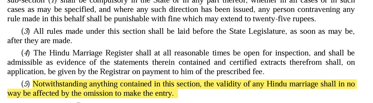 UntrammeledMan's tweet photo. Moreover, Section 8(5) of the Act provides that the validity of a Hindu marriage is unaffected by whether or not it is registered. Thus in a way, isn't the State punishing the people who approach its doorstep to register their marriage by imposing a penalty of 1000rupees on them? https://t.co/5slBpVDmsL