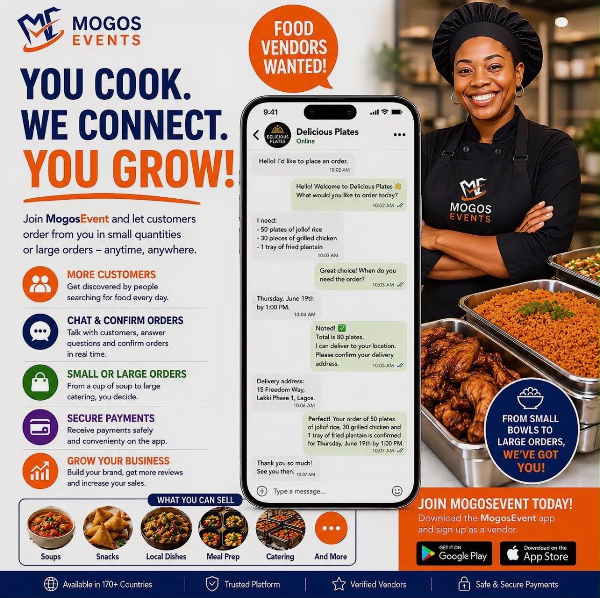 MogoseventNG's tweet photo. 🍲 Looking for more customers?

Join MogosEvent and showcase your menu, chat with customers, receive payments, and grow your food business—all in one place.

#MogosEvent #FoodVendor #CateringBusiness #FoodBusinessNigeria #SmallBusinessNigeria #VendorMarketplace https://t.co/n475R90hfQ