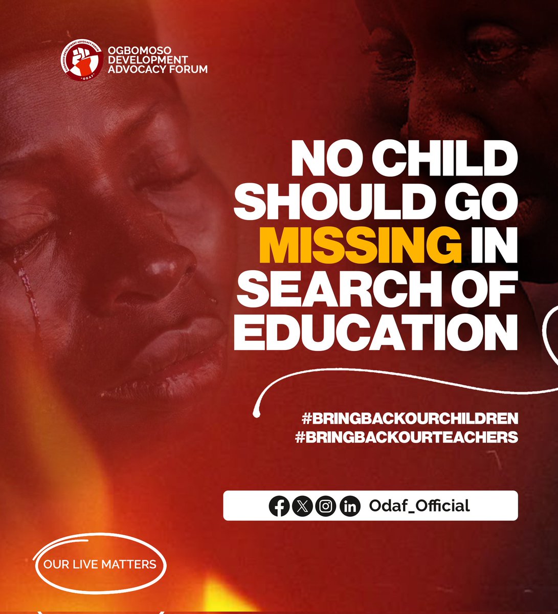 odaf_official's tweet photo. Days have passed, yet our students and teachers are still away from their families, classrooms, and community.

Behind every missing child and teacher is a family waiting, hoping, and praying for their safe return. https://t.co/Fp7Z5DtRMr