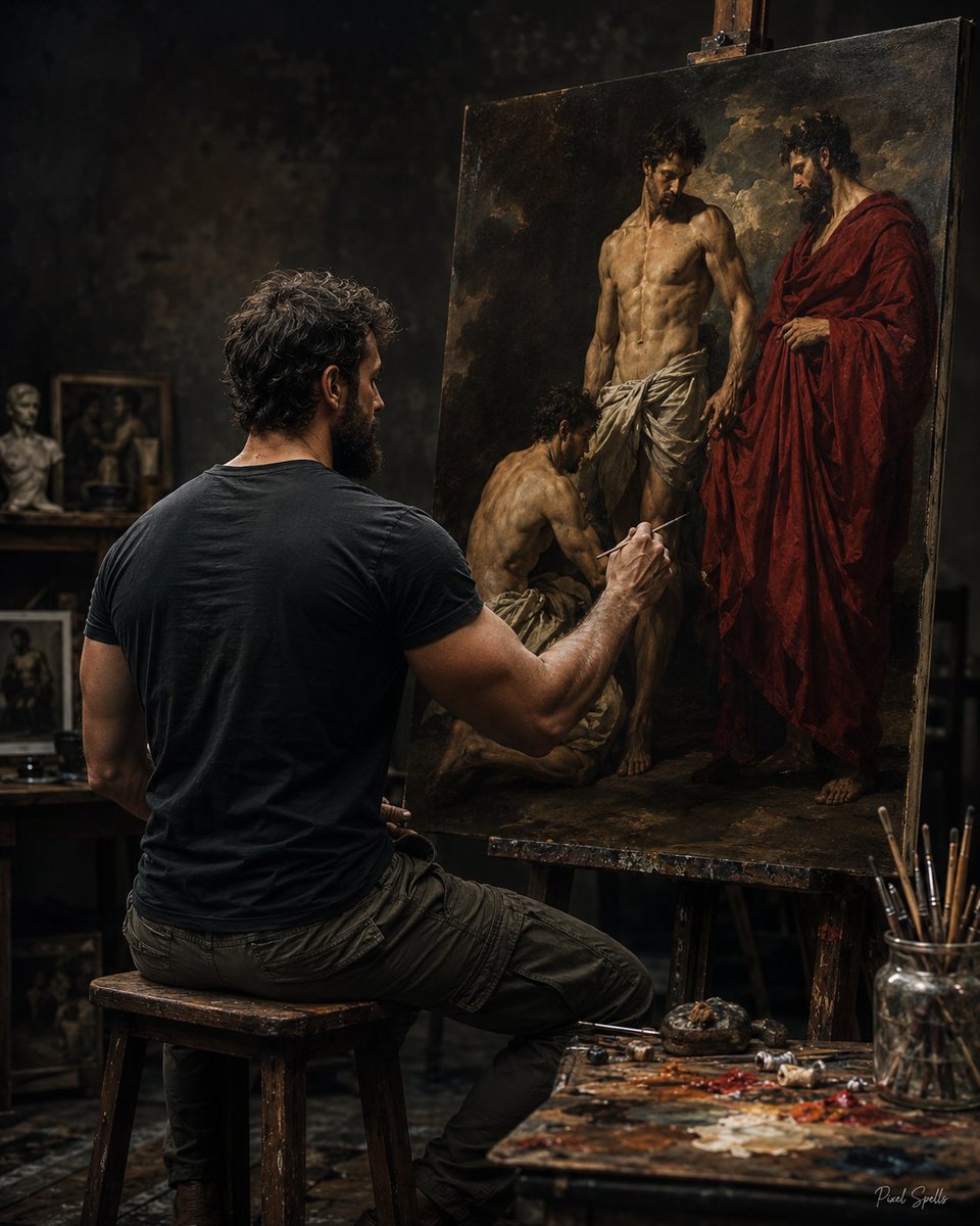 PixelSpellbook's tweet photo. Sometimes the studio becomes the painting. 🎨✨
#PixelSpells #AIArt #DigitalArt #BaroqueStyle #Chiaroscuro https://t.co/3U2PnZ7QcP