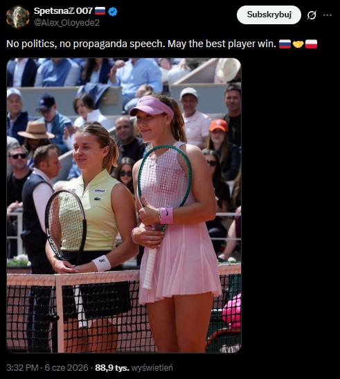 Poland_Based's tweet photo. 🇵🇱 🇷🇺
Congratulations to 🇷🇺 Mirra Andreeva for winning Roland Garros and congratulations to 🇵🇱 Maja Chwalińska who gave it her all.

🇵🇱 🤝 🇷🇺

-----
And what does the internet look like in this case?

The Poles did not react with aggression and congratulated the Russian.

Large Russian accounts such as @OlgaBazova  and @Alex_Oloyede2  both accounts congratulated the Polish woman and were happy with her behavior towards the Russian who won.

Of course, there were Russian account that decided to provoke and incite aggression in Poles towards Russians.

Who benefits from such provocation?

What the @aleksthgrt account did only serves to build tensions between Poles and Russians.
-----

Links to posts:

@Alex_Oloyede2 👉 https://t.co/wt6u1owCLs

@OlgaBazova 👉 https://t.co/eu6jplgR15

@aleksthgrt 👉 https://t.co/CC8nEkN1J0