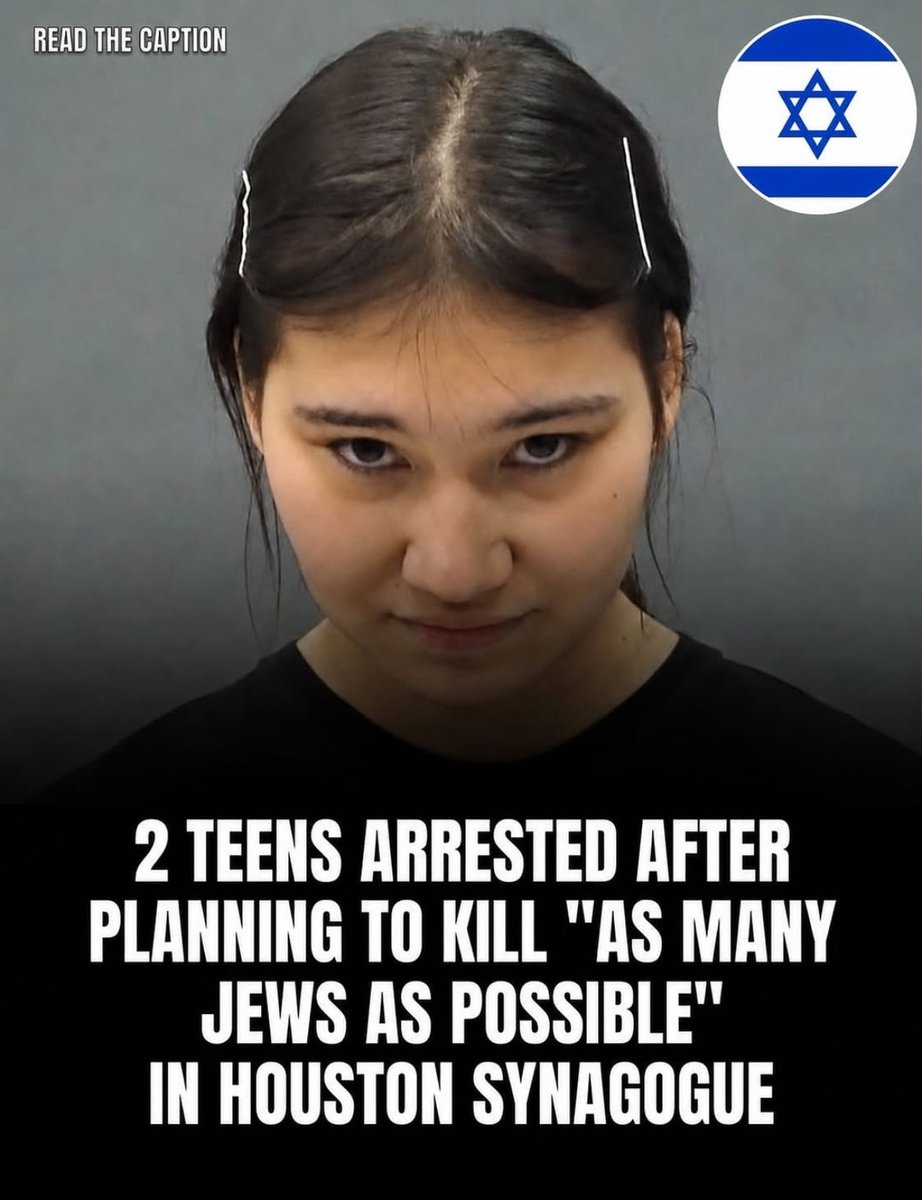 Jvnior's tweet photo. 🚨🇺🇸 BREAKING: Two teenagers were arrested for allegedly planning a mass-casualty attack on Congregation Beth Israel in Houston, Texas.

Angelina Han Hicks, 18, and a 16-year-old juvenile reportedly planned to drive a vehicle through the synagogue and its school with the goal of killing “as many Jews as possible.”

Hicks was captured in North Carolina on a $10 million bond, while the juvenile was held in Texas on charges of conspiracy to commit capital murder.

The plot was discovered after a tip to law enforcement, briefly forcing the synagogue to close before reopening with increased security.
