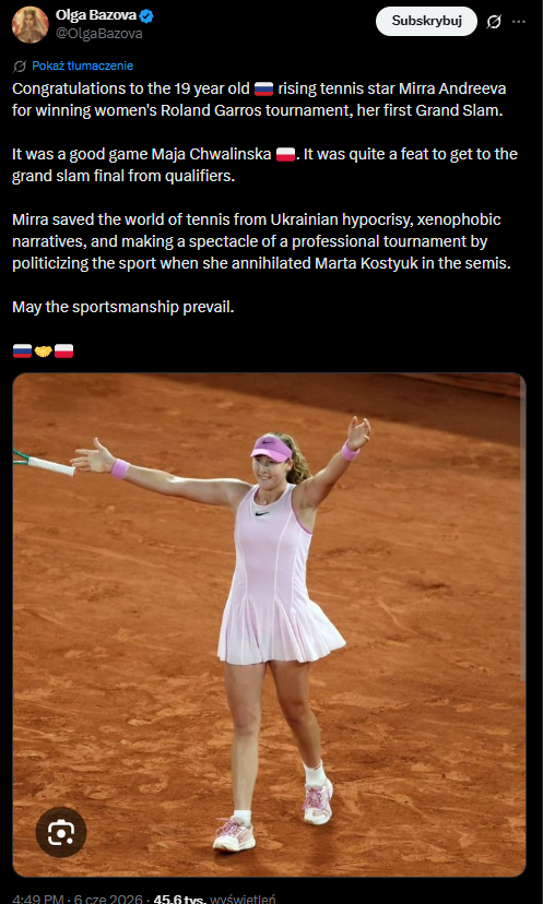 Poland_Based's tweet photo. 🇵🇱 🇷🇺
Congratulations to 🇷🇺 Mirra Andreeva for winning Roland Garros and congratulations to 🇵🇱 Maja Chwalińska who gave it her all.

🇵🇱 🤝 🇷🇺

-----
And what does the internet look like in this case?

The Poles did not react with aggression and congratulated the Russian.

Large Russian accounts such as @OlgaBazova  and @Alex_Oloyede2  both accounts congratulated the Polish woman and were happy with her behavior towards the Russian who won.

Of course, there were Russian account that decided to provoke and incite aggression in Poles towards Russians.

Who benefits from such provocation?

What the @aleksthgrt account did only serves to build tensions between Poles and Russians.
-----

Links to posts:

@Alex_Oloyede2 👉 https://t.co/wt6u1owCLs

@OlgaBazova 👉 https://t.co/eu6jplgR15

@aleksthgrt 👉 https://t.co/CC8nEkN1J0