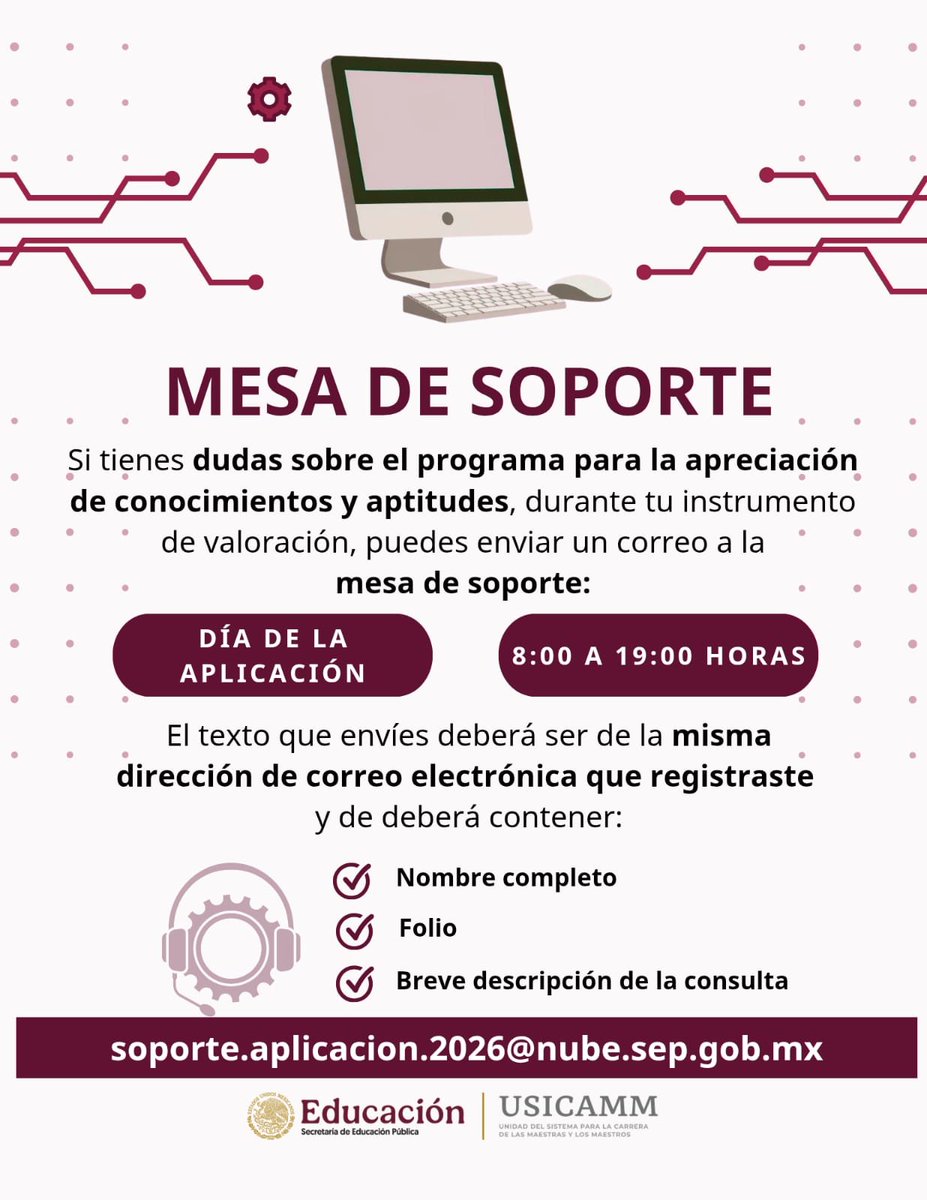 USICAMM_OFICIAL's tweet photo. 📣 ⁉️ Si tienes alguna duda durante tu apreciación de conocimientos y aptitudes, podrás enviar un mensaje con la cuenta de correo electrónico que registraste a:

📧 soporte.aplicación.2026@nube.sep.gob.mx https://t.co/A3G8g3y64c