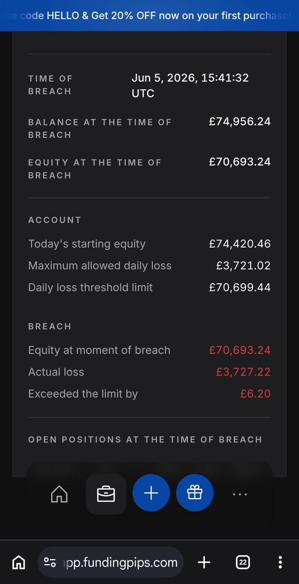 PropFirmsGuru's tweet photo. SCAM ALERT ⚠️ @fundingpips scam exposed⬇️

The trader @shadow_phant0m_ evaluation account with Funding Pips was falsely breached.

The server executed a premature stop-out and locked the account early, despite the trader maintaining a safe buffer of more than £1,160 well above the £3,721 daily drawdown limit.

At midnight, the trader’s drawdown stood at £3,721.
On the subsequent trade, he generated approximately £500 in profit, which would have adjusted the drawdown to £4,221. 

The trader equity didn't dropped below $71855 while there website showing that his equity dropped to $70693, which is not correct.

However, Funding Pips closed out the position on the final trade with a £3,100 loss, resulting in an erroneous breach of the account.

I request to the @fundingpips
Team to address the issue and if it's technical error or anything fix it, thank you.