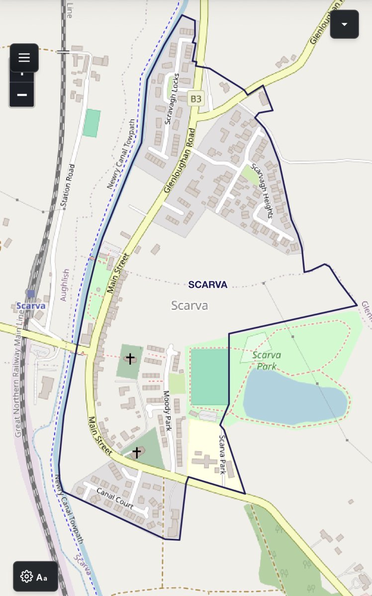 ScottMoore0's tweet photo. Here is a map of the boundary of Scarva.

There was a Palestinian solidarity march nearby - along the Newry canal towpath.

The march was entirely outside of the village’s boundaries. It was not in Scarva.

Source: 2015 NI Settlement Development Limits https://t.co/RKWaXVLE6Z