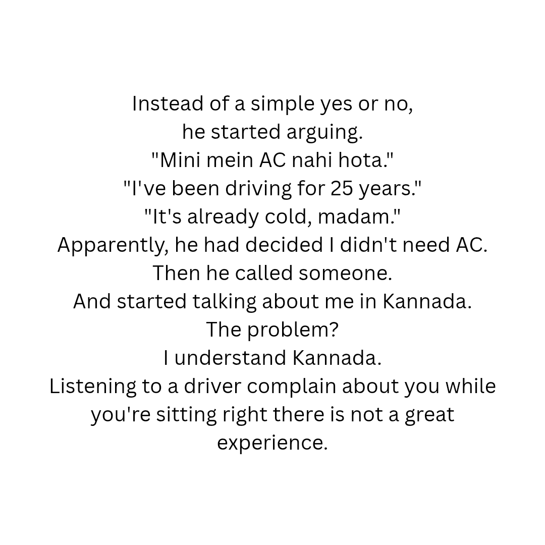Akshaya2110's tweet photo. One of the worst cab experiences in Bangalore 🚕 ⬇️
Two flights. No sleep.
One cab ride.
An argument over AC, insults behind my back, and an extra ₹100 gone.
This is the Bangalore cab experience people keep talking about.

@bhash @Ola_Mumbai @Ola_Bangalore @OlaCabsIndia https://t.co/6yxCtzur0z