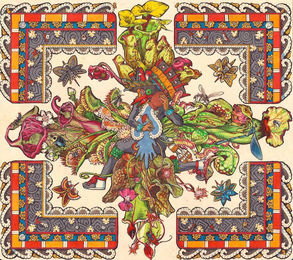 MiCorazonMexica's tweet photo. From the flower of Xochiquetzal, strange life emerges. As Quetzalcoatl, Lord of the Wind and Creation, washes Her blossom, the waters carry its power across the world. From this act are born the carnivorous flowers, beautiful and deadly, who hunger for the insects that gather around them. At the same moment, mosquitoes emerge into the world, spreading to the four directions alongside these remarkable plants. This detail comes from my painted Codex Cenyollotl, a contemporary retelling of the ancient stories that explain how the world and its many wonders came to be. My books and painted codices exploring the creation of the world, the origins of death, the birth of the Sun, are available on etsy. https://t.co/jga1c18Ygk