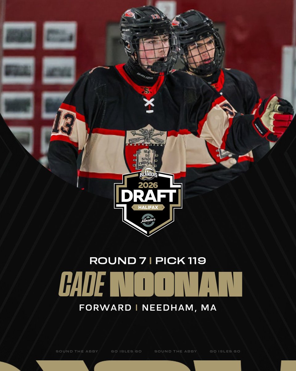 IslandersHKY's tweet photo. With the 117th &amp; 123rd overall picks of the 2026 QMJHL Draft, we've selected Cade Noonan &amp; Caleb Pelletier! #soundtheabby 

Welcome to the black &amp; gold. 🖤 💛 https://t.co/8Wp6e2ZCvp
