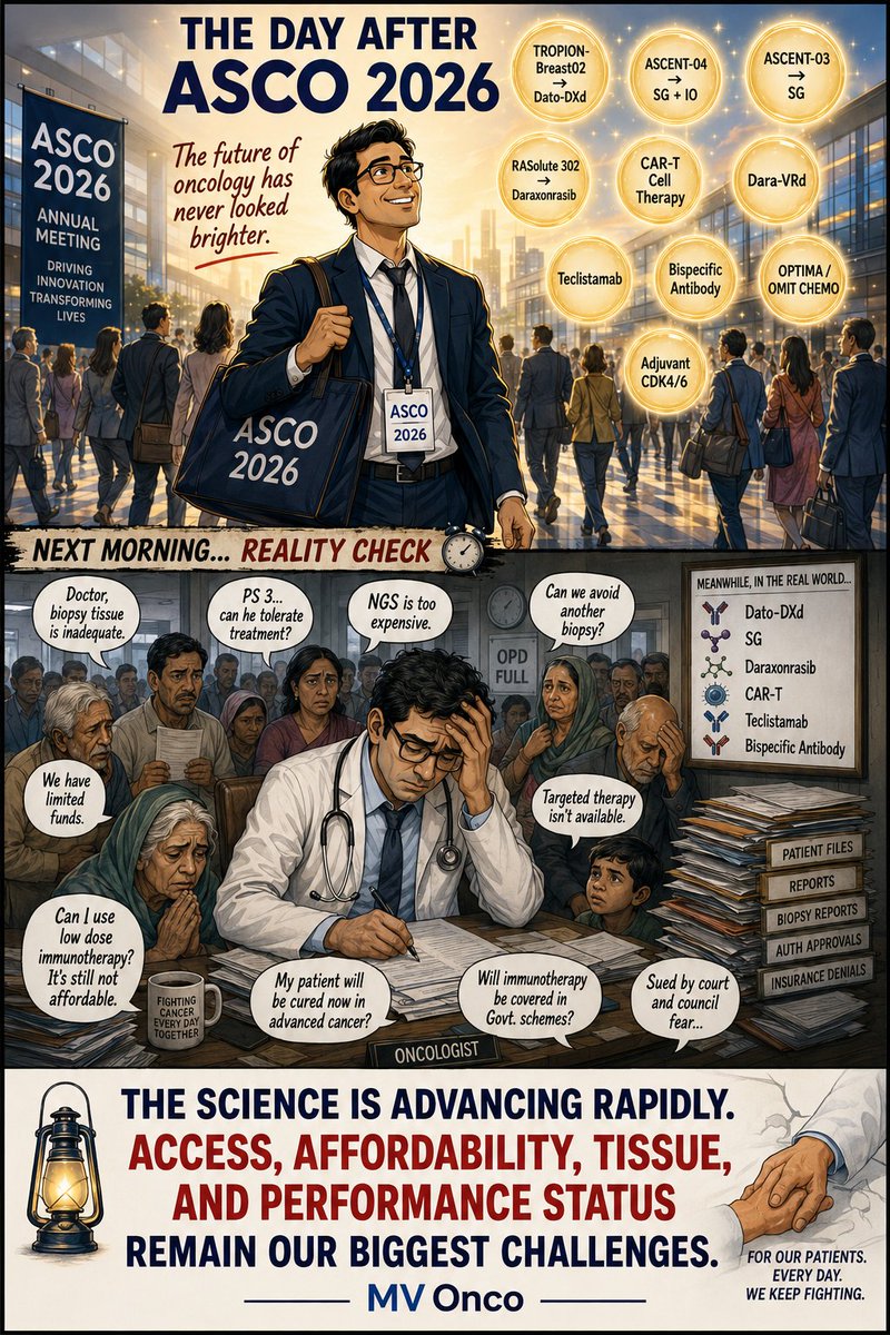 ChandrakanthMv's tweet photo. ASCO 2026 gave us Dato-DXd, SG, Daraxonrasib, CAR-T, bispecific antibodies, and many reasons for optimism.

The next morning in clinic, the questions are often different:

• Is the biopsy adequate?
• Can the patient tolerate treatment?
• Can they afford NGS?
• Will immunotherapy be covered?
• Is the drug even available?

Science is moving faster than ever.

Access, affordability, tissue adequacy, and performance status remain some of the biggest challenges in oncology.

#ASCO2026 #Oncology #CancerCare #MVOnco