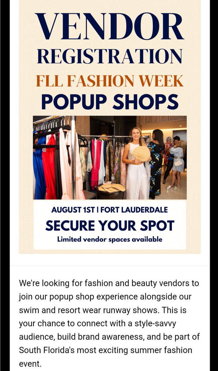 FashionweekFLA's tweet photo. Fashion Week Florida announces Vendors Sign up Fort Lauderdale Fashion Week Summer Swim Shows August 1, 2026 Summer Pop Up Shops email info@fllfashionweek.com 
https://t.co/rx8kRUYoRe
#fllfashionweek #swimweek #fashionweekflorida #fortlauderdalefashionweek https://t.co/6L0fj8JuWJ