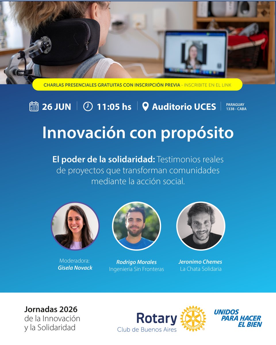RotaryClubBA's tweet photo. El próximo viernes 26 de junio, desde las  8:30 hs en el Auditorio de la @universidaduces , te invitamos a participar de las JORNADAS 2026 DE LA INNOVACIÓN Y LA SOLIDARIDAD organizadas por el @RotaryClubBA . Un encuentro pensado para conocer las tendencias en nuestra comunidad. https://t.co/PzFBtr7Lci