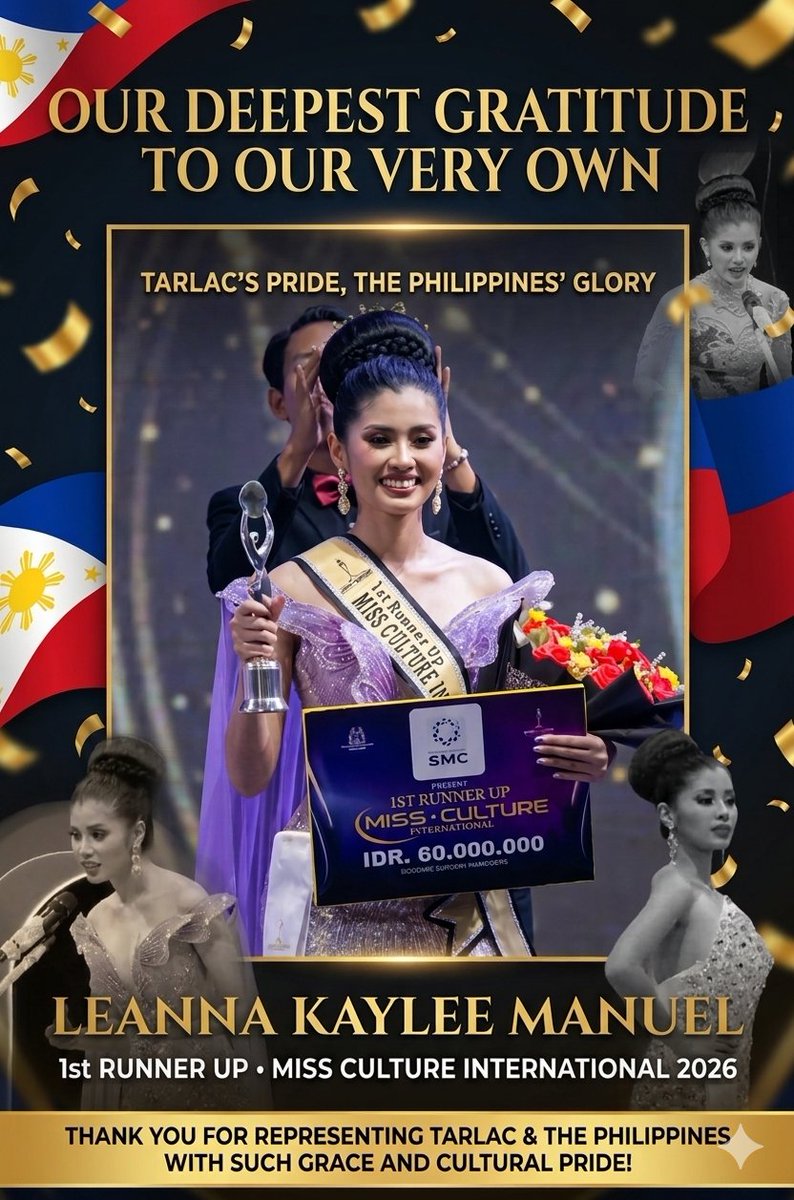 a1drichj0hn's tweet photo. First Runner-Up! π΅ππ Leanna Kaylee Manuel gave it her all and brought immense pride to Tarlac and the entire Philippines at Miss Culture International 2026. What a beautiful journey! Thank you, Leanna! β€οΈβ¨ #MissCultureInternational #MissPhilippines #LabanPilipinas https://t.co/tGYk1aSFSg