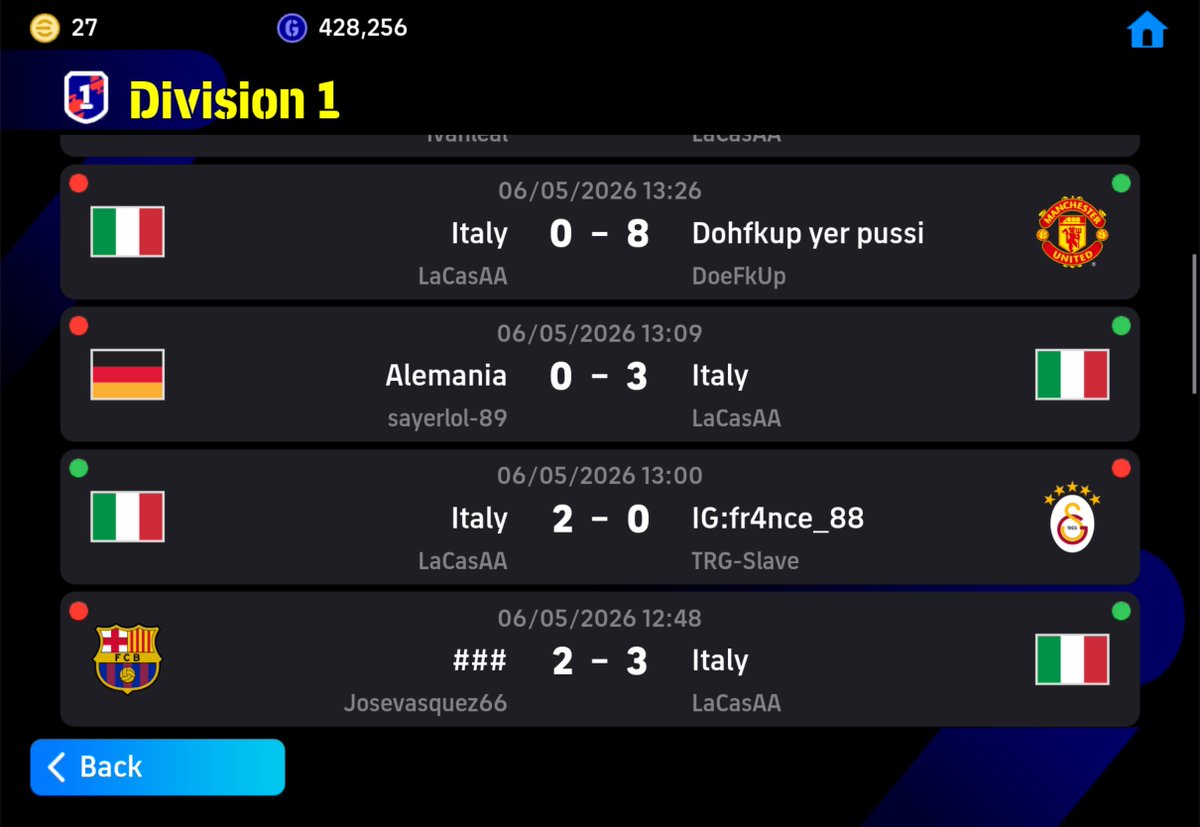 lacasaa__15's tweet photo. Very interesting.

I do have a few eerie experiences myself.

I lost 8-3 against some random rank 18k noob yesterday when I was trying to keep pace for the number 1 spot and his outdated Van Basten was unstoppable and all he did was I kid you not press Through Pass over and over again with his Capello LBC and my defense just opened up for him to run through. 

Mind you I was using Arteta LBC and still I was eating goal after goal no matter what I did. Ended up quitting at the end because it was that bad. 

Not sure if the Filter works 100% but there are a few games where it still feels like there is Smart Assist lingering even though I have the filter turned on.

Could be extreme Scripting/DDA/Balancing going on but I’ve never experienced something insane like that match. Wish I recorded that game because I couldn’t believe what I was seeing.

His stats are odd as well because he was defending perfectly but only holding Match Up but if you only hold Match Up then you will be way more slower on defense and it will be easy for me to slice through but it wasn’t the case with that guy. 

Also having 3 cursor change is funny because even in full auto control you will still have a more higher cursor change in an average game of eFootball if you are semi decent at the game so something just isn’t adding up here.