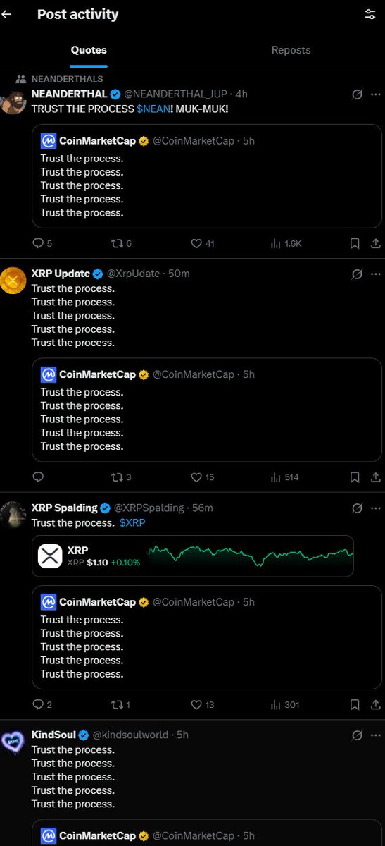 minetasolana's tweet photo. this is quite literally THE biggest trend on CT and X rightnow

EVERYONE is spamming  "Trust The Process" as a way to cope with the bad market conditions and bnearish sentimenet, a way of hope

CMC tweeted it originally and EVERYONE is retweeting and quoting it

https://t.co/pZthuWYVFe

trending:
https://t.co/LwiAHuAAL9
