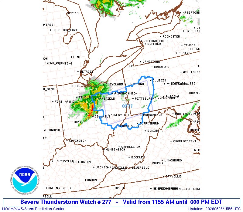 NWSSPC's tweet photo. 10:57am CDT #SPC_Watch WW 277 SEVERE TSTM OH PA WV 061555Z - 062200Z, #ohwx #pawx #wvwx, https://t.co/ZIvwOLwDlb https://t.co/1U1QkiG8Ad