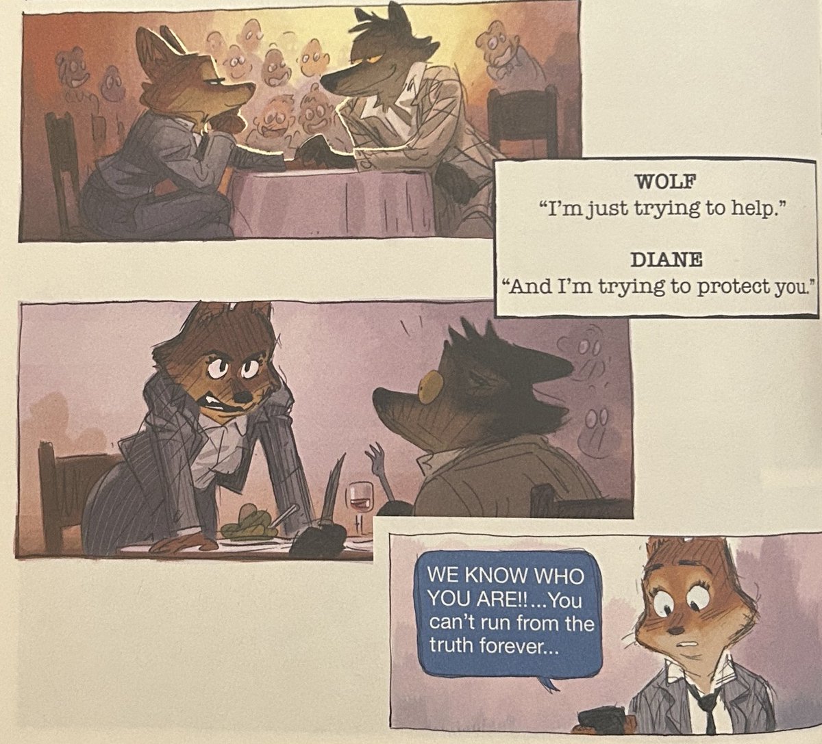 boolinboolin's tweet photo. wolf &amp; diane’s cut dinner date scene from the bad guys 2 art book https://t.co/s4kJgnPrKX