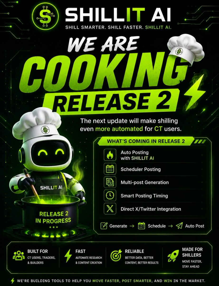 shillit_ai's tweet photo. SHILLIT AI is cooking Release 2 right now.

The next update is focused on making shilling even more automated for CT users.

Upcoming features: 
- Auto Posting with SHILLIT AI
- Scheduler Posting
- Multi-post Generation
- Smart Posting Timing
- Direct X/Twitter Integration

Generate → Schedule → Auto Post. 

We’re building tools to help you move faster, post smarter, and save more time in the market. Stay tuned. The next release is gonna be huge.