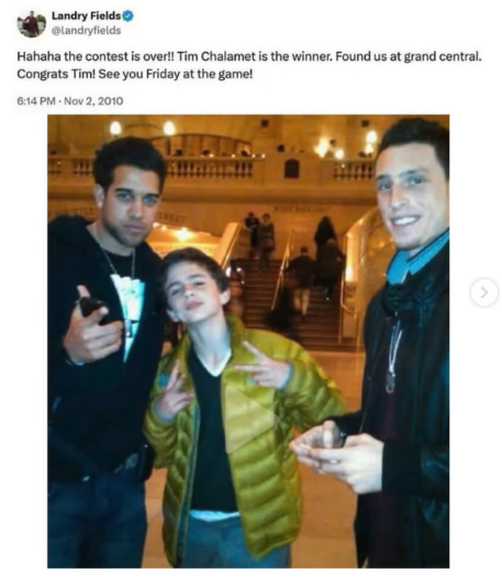 bet_105's tweet photo. 14-year-old Timothée Chalamet won free Knicks tickets in 2010 by tracking down Landry Fields and Andy Rautins. Still showing up 15 years later. Fan for life. https://t.co/Bg0x4mx6Et