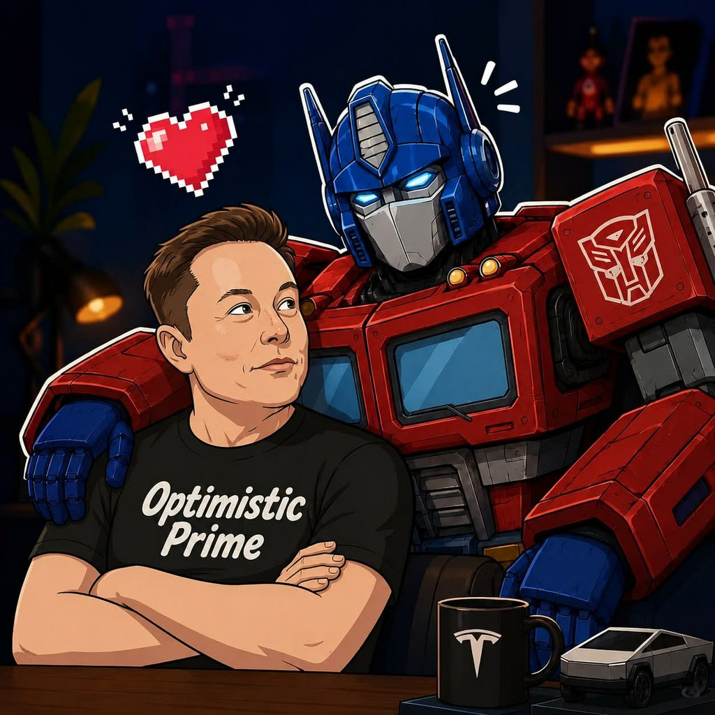 primeonerc's tweet photo. Elon wearing an Optimistic Prime shirt is interesting because it combines two narratives that have defined much of the last decade: technological optimism and transformation at scale.

Optimus Prime represents leadership, progress, and the belief that the future can be better than the present. Reframing it as Optimistic Prime turns that idea into a philosophy. Build. Innovate. Move humanity forward.

For years, Elon has been associated with projects many considered impossible: electric vehicles, reusable rockets, AI, brain-computer interfaces, and global internet infrastructure. The shirt aligns perfectly with that mindset.

The thesis is simple:

The future belongs to optimists.

Not the people betting against innovation.

Not the people waiting for certainty.

The people willing to build through doubt, criticism, and impossible odds.

When Elon wears Optimistic Prime, he's not just wearing a shirt.

He's wearing the mindset that built Tesla, SpaceX, and everything that followed. 🚀

$PRIME