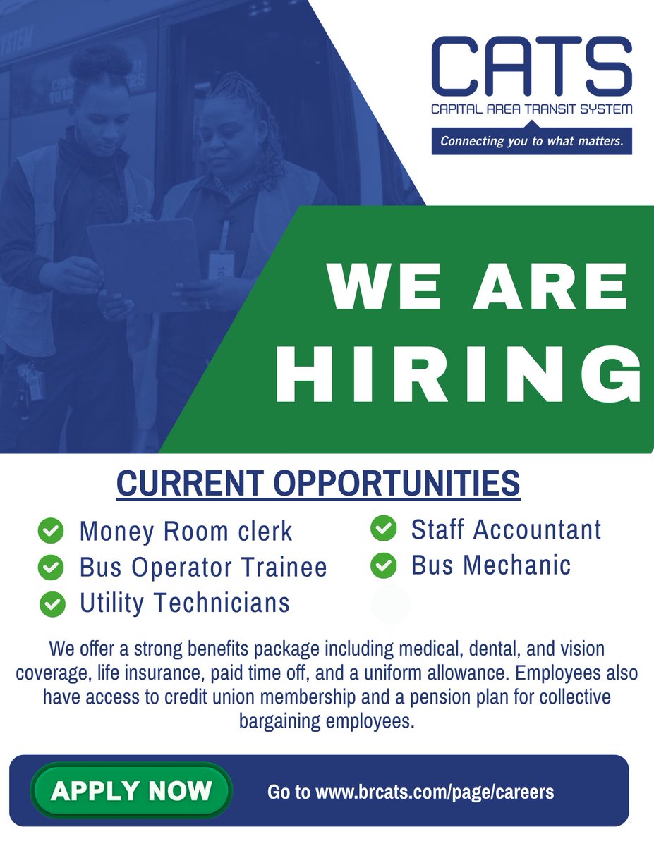 BTRCATS's tweet photo. We’re hiring! Join the CATS team to help keep our community moving. Explore our current opportunities and apply today at https://t.co/GSwXHfN1L9. https://t.co/66BDq1bVTY