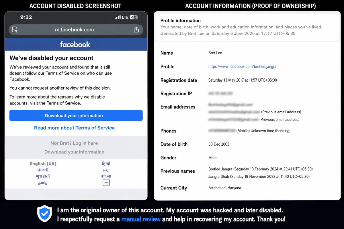 AnshuTechX's tweet photo. @Meta @Facebook @FacebookApp
My Facebook account "bretlee.jangra" was hacked and later permanently disabled. I am the original owner of this account, which I created in 2017.
I have proof of ownership, including account information, previous emails, phone number history, and downloaded Facebook data. I believe unauthorized access to my account may have led to actions that resulted in this disablement.
My appeal was rejected, but I respectfully request a manual review by the Meta team. Please help me recover my account.
Thank you.
#FacebookDisabled #HackedAccount #AccountRecovery #MetaSupport