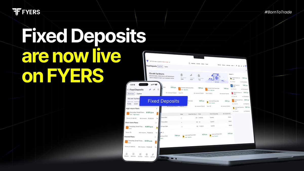 fyers1's tweet photo. FDs are now live on FYERS.

You can now compare FD plans from multiple bank and NBFC partners in one place🧵 https://t.co/XA9dov8SU2