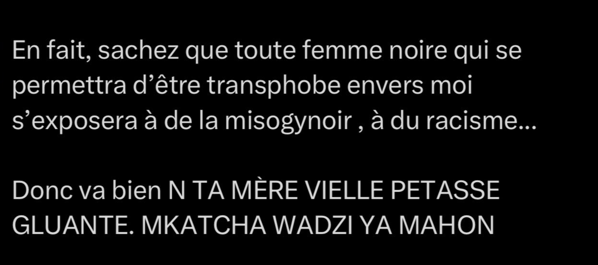 trotskytuelesky's tweet photo. @BarbianaCk C'est pas parce que t'es trans que tu peux pas être misogyne hein, je cautionne pas les gens qui t'harcèle mais remet toi en question à dire que tu va faire subir de la misogynoir en réponse tu attaque indirectement les femmes noires qui t'ont rien fait💀 alors que t'en ai une 💀 https://t.co/Mo5kS7oaH8