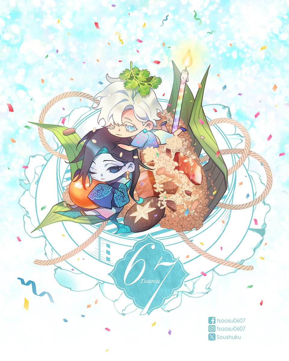 Soushuku's tweet photo. 我的日子！！🎂
來領小粽子跟小蛋糕🤗🩵🦋

因為農曆生日離端午很近所以很愛畫粽子XD
這次畫了夏日風情的師徒小肉粽
靈魂絕對是那個蛋黃~~
希望大家享用愉快🌈🌟✨🥢

更多話語放在IG貼文裡喔～☺️ https://t.co/O0dK4cGKd0