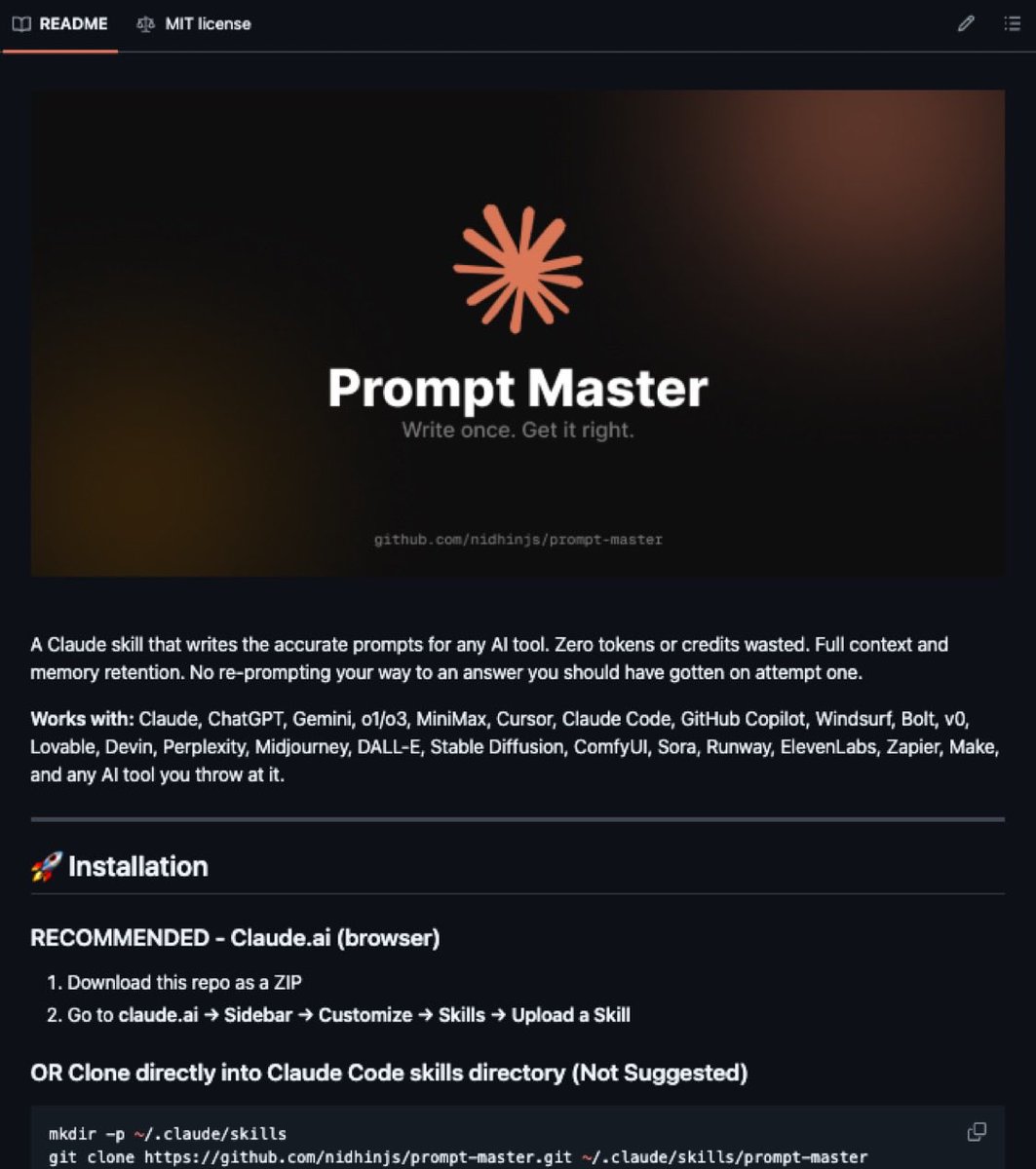 jahidullm04's tweet photo. This feels like cheating. seriously.

A FREE Claude skill that writes perfect prompts on the FIRST try.

→No retries
→No wasted credits
→Works with 18+ tools

ChatGPT, Midjourney, Cursor &amp; more.

One install. 100% open-source.

Worth $499. FREE for 48h

Type " SEND " Follow Me https://t.co/UUfoLTlOJ2