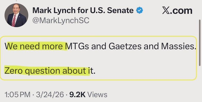 RealSCVanguard's tweet photo. South Carolina,

Trump endorsed Lindsey Graham, warts and all, because Lindsey Graham is there when we need him, when Trump needs him.

Mark Lynch would vote to impeach Trump the first chance he has. That's why he's running.

Mark Lynch = MTG  = Massie = democrat-loving frauds. https://t.co/XtvAjOJaSG