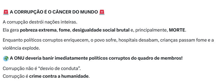 dhmfernandes's tweet photo. 🚨 A CORRUPÇÃO É O CÂNCER DO MUNDO 📷A corrupção destrói nações inteiras.

🌍 A ONU deveria banir imediatamente políticos corruptos do quadro de membros! Corrupção não é “desvio de conduta”.
Corrupção é crime contra a humanidade.  📷#Corrupcao #ONU #Lula #humanidade https://t.co/GW2WlxC9XZ