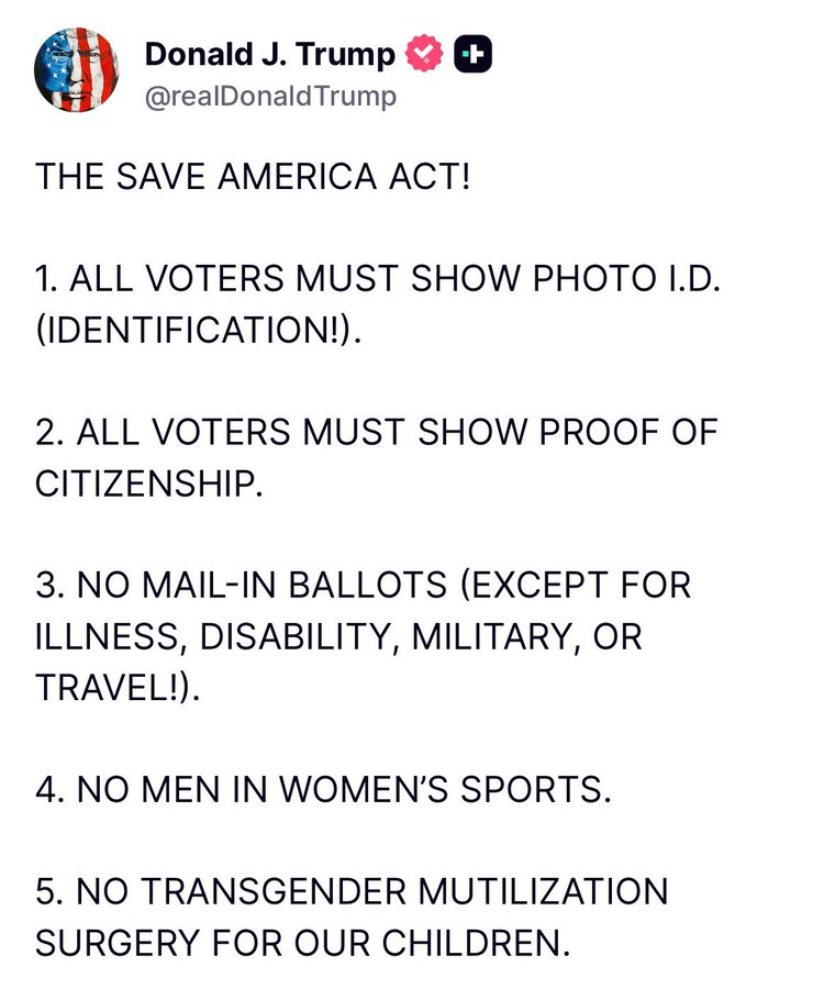 KennethFCrowe1's tweet photo. This is what 80% of Americans actually agree on.
Photo ID to vote. Citizens only. One day, in person.
Protect girls’ sports. Let kids be kids.
Call it “extreme” if you want. I call it America.
@KennethFCrowe1
#SaveAmericaAct #PromisesMade #WeThePeople #MAGA https://t.co/bzYhJsDWXF